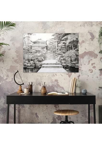 Zen Bahçesi Karakalem - Zen Bahçesi, Usta Işçilik, Titiz Detaylar, Cam Baskı, 45X30
