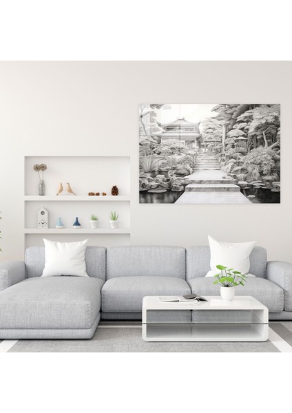 Zen Bahçesi Karakalem - Zen Bahçesi, Usta Işçilik, Titiz Detaylar, Cam Baskı, 45X30