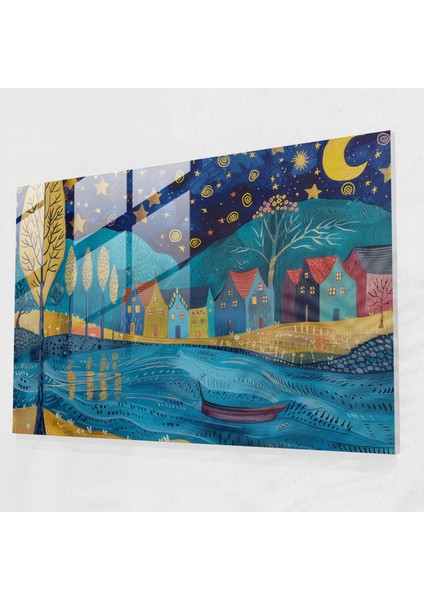 Vincent Van Gogh Cam Baskı - Yıldızlı Gece Köyü - Vincent Van Gogh, Modern Sanat, Cam Baskı, Duvar Dekorasyonu, 45X30