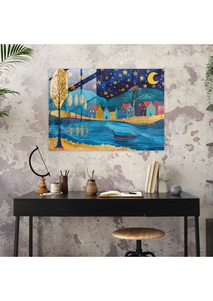 Vincent Van Gogh Cam Baskı - Yıldızlı Gece Köyü - Vincent Van Gogh, Modern Sanat, Cam Baskı, Duvar Dekorasyonu, 45X30