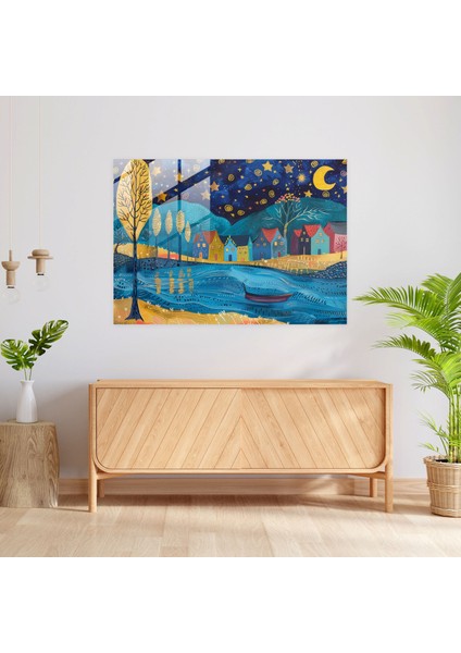 Vincent Van Gogh Cam Baskı - Yıldızlı Gece Köyü - Vincent Van Gogh, Modern Sanat, Cam Baskı, Duvar Dekorasyonu, 45X30