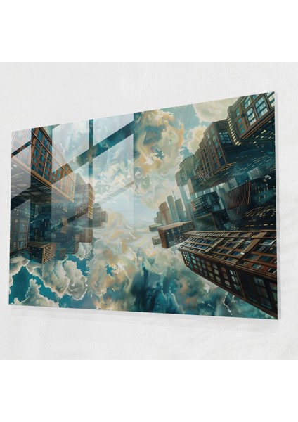 Baş Aşağı Şehir Manzarası Cam Duvar Dekorasyonu - Gerçeküstücülük Sanatı, Yüzen, Ev Dekorasyonu, Modern Sanat, 45X30