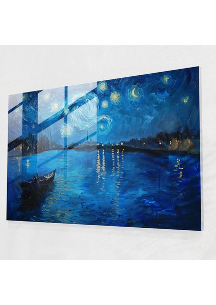 Rhone Üzerinde Yıldızlı Gece Cam Baskı - Vincent Van Gogh, Ev Dekorasyonu, Vincent Van Gogh, Cam Duvar Sanatı, 45X30