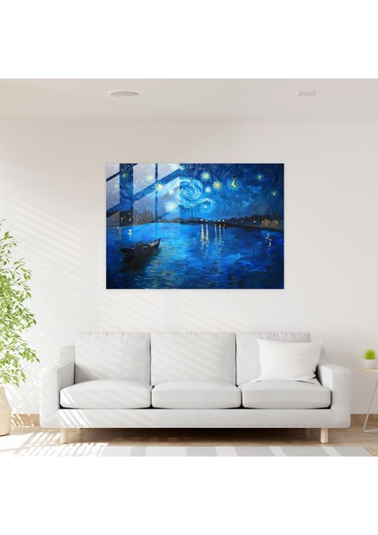Rhone Üzerinde Yıldızlı Gece Cam Baskı - Vincent Van Gogh, Ev Dekorasyonu, Vincent Van Gogh, Cam Duvar Sanatı, 45X30 modelleri