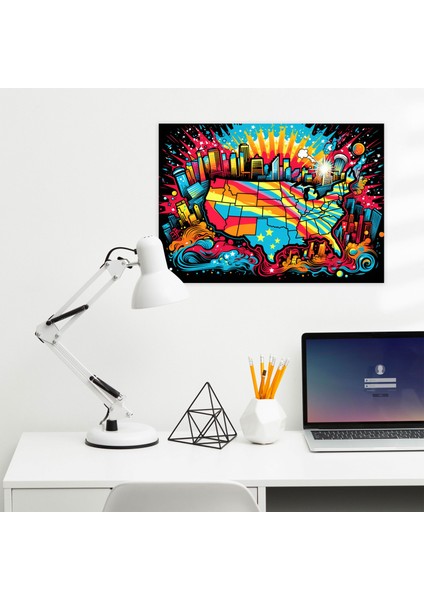 Pop Art Amerika Birleşik Devletleri Haritası Duvar Sanatı - Amerika Birleşik Devletleri Haritası, Kanvas Tablo, Ev Dekorasyonu, Pop Art Illüstrasyon, 50X30 fiyatları