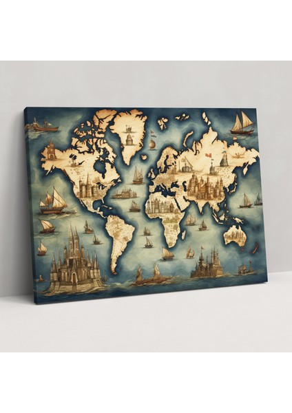 Elle Çizilmiş Dünya Haritası Kanvas Tablo - Dünya Haritası, Elle Çizilmiş Stil, Karmaşık Detaylar, Duvar Sanatı, 50X30