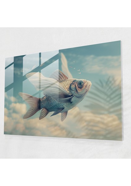 Uçan Balık Cam Tablo - Sürrealizm Sanatı, Cam Duvar Sanatı, Ev Dekorasyonu, Sürrealizm Sanatı, 70X50