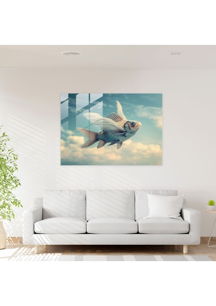 Uçan Balık Cam Tablo - Sürrealizm Sanatı, Cam Duvar Sanatı, Ev Dekorasyonu, Sürrealizm Sanatı, 70X50 fiyatları