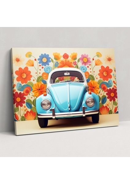 Volkswagen Beetle Duvar Tablosu - Volkswagen Beetle, Grafik Tasarım, Rengarenk Çiçekler, Retro Stil, 50X30