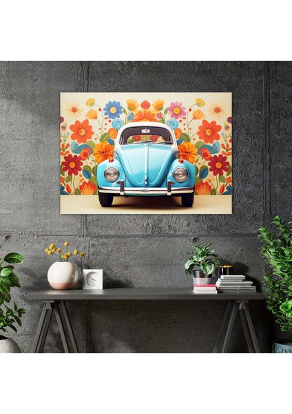 Volkswagen Beetle Duvar Tablosu - Volkswagen Beetle, Grafik Tasarım, Rengarenk Çiçekler, Retro Stil, 50X30