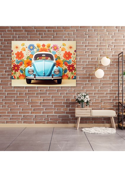 Volkswagen Beetle Duvar Tablosu - Volkswagen Beetle, Grafik Tasarım, Rengarenk Çiçekler, Retro Stil, 50X30