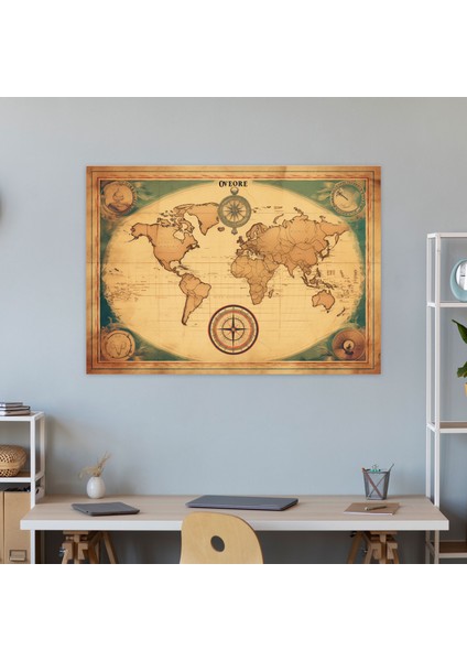 Vintage Dünya Haritası Kanvas Tablo - Dünya Haritası, Pusula Illüstrasyon, Vintage, Retro Stil, 50X30 fiyatları