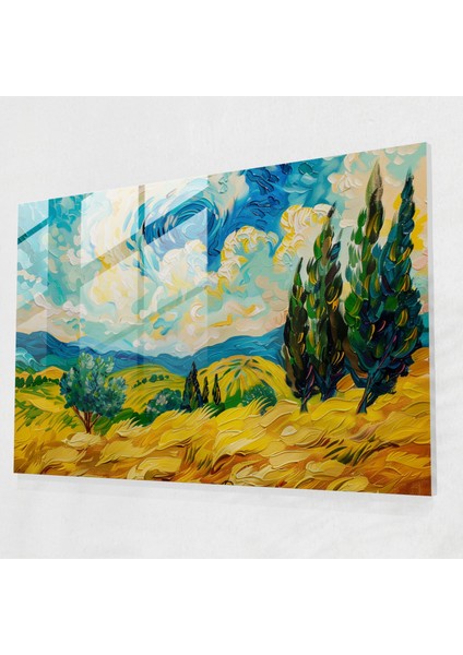 Vincent Van Gogh Cam Sanatı - Selvili Buğday Tarlası Cam Baskı - Vincent Van Gogh, Ev Dekorasyonu, Modern Sanat, Vincent Van Gogh, 45X30