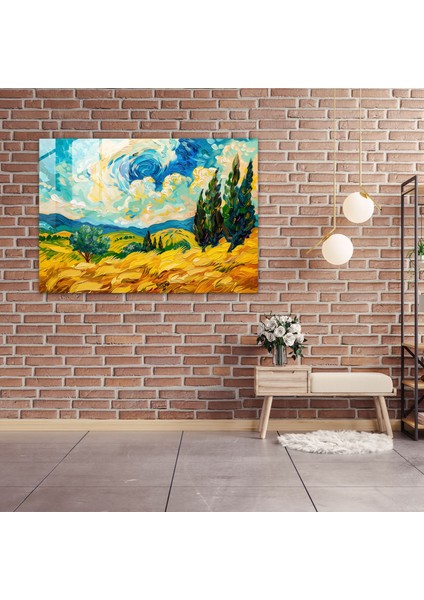 Vincent Van Gogh Cam Sanatı - Selvili Buğday Tarlası Cam Baskı - Vincent Van Gogh, Ev Dekorasyonu, Modern Sanat, Vincent Van Gogh, 45X30 fiyatları