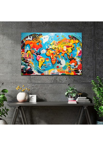 Pop Art Dünya Haritası Duvar Sanatı - Dünya Haritası, Duvar Dekorasyonu, Ikonik Semboller, Duvar Sanatı, 50X30 fiyatları