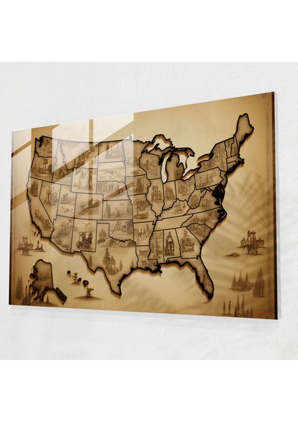 Amerika Birleşik Devletleri Cam Baskı - Amerika Birleşik Devletleri Haritası, Amerika Birleşik Devletleri Haritası, Modern Sanat, Ev Dekorasyonu, 45X30