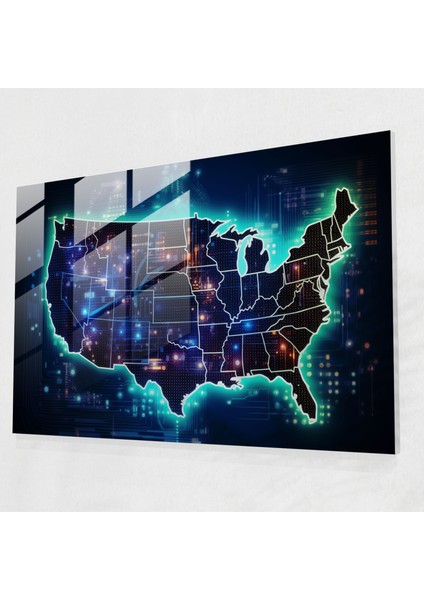 Fütüristik Amerika Birleşik Devletleri Haritası Cam Baskı - Amerika Birleşik Devletleri Haritası, Duvar Dekorasyonu, Cam Sanatı, Neon Renkler, 45X30