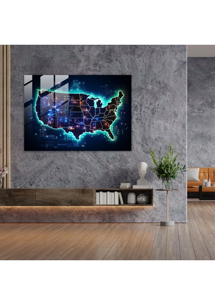 Fütüristik Amerika Birleşik Devletleri Haritası Cam Baskı - Amerika Birleşik Devletleri Haritası, Duvar Dekorasyonu, Cam Sanatı, Neon Renkler, 45X30 fiyatları