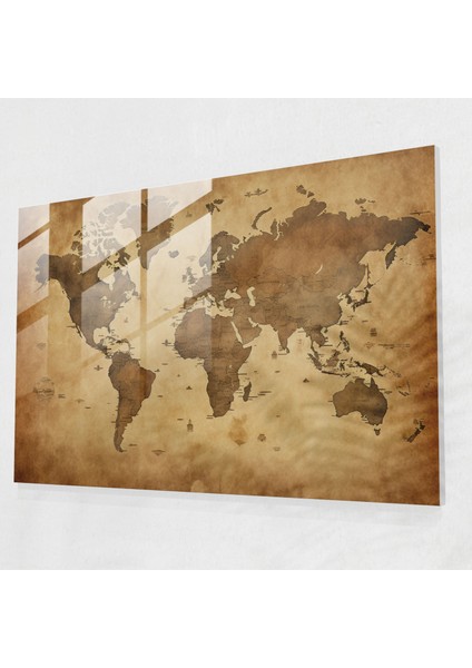 Dünya Haritası Cam Baskı - Antik Stil - Dünya Haritası 2, Antik Stil, Duvar Süslemesi, Nostalji, 45X30