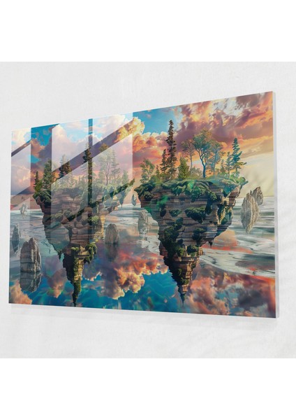 Sürrealizm Sanatı Cam Duvar Sanatı - Yüzen Adalarla Gerçeküstü Deniz Manzarası - Sürrealizm Sanatı, Ada Sanatı, Ev Dekorasyonu, Modern Sanat, 45X30