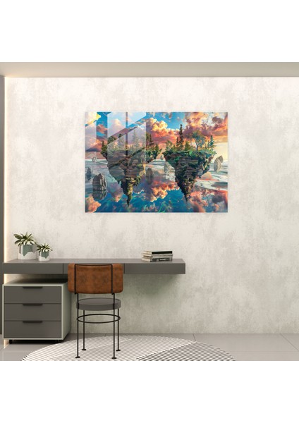 Sürrealizm Sanatı Cam Duvar Sanatı - Yüzen Adalarla Gerçeküstü Deniz Manzarası - Sürrealizm Sanatı, Ada Sanatı, Ev Dekorasyonu, Modern Sanat, 45X30 modelleri