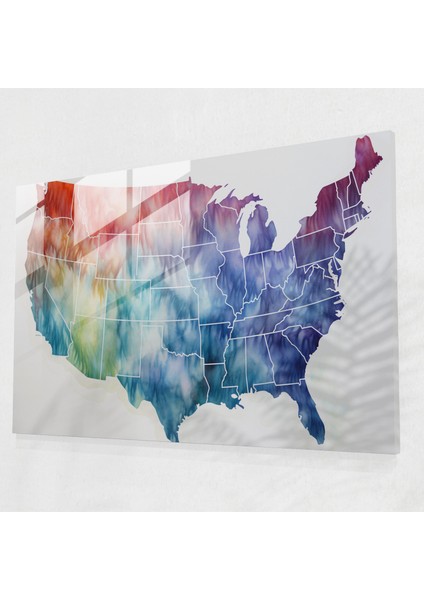 Suluboya Amerika Birleşik Devletleri Haritası Cam Baskı - Amerika Birleşik Devletleri Haritası, Suluboya Resim, Modern Sanat, Yumuşak Renkler, 45X30