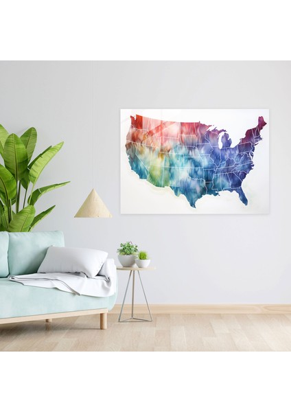 Suluboya Amerika Birleşik Devletleri Haritası Cam Baskı - Amerika Birleşik Devletleri Haritası, Suluboya Resim, Modern Sanat, Yumuşak Renkler, 45X30