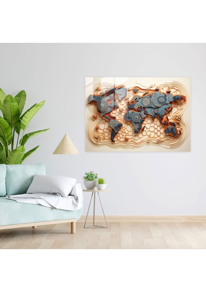 Dünya Haritası Cam Duvar Tablosu - Geometrik Tasarım - Dünya Haritası 2, Cam Sanatı, Cam Baskı, Duvar Süslemesi, 45X30 modelleri