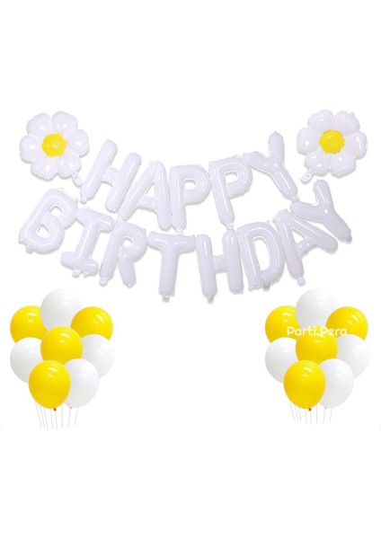 Papatya Folyo Balon Hapy Birthday Folyo Balon Sarı Beyaz Pastel Balon Doğum Günü Balon Seti