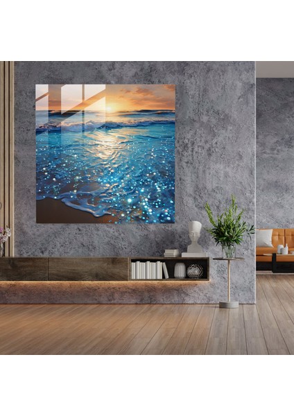 Parıltılı Cam Baskı - Parlak Gümüş ve Mavi Okyanus Gün Batımı - Parıltılı, Deniz, Duvar Dekorasyonu, Parıltılı Sanat, 30X30 fiyatları