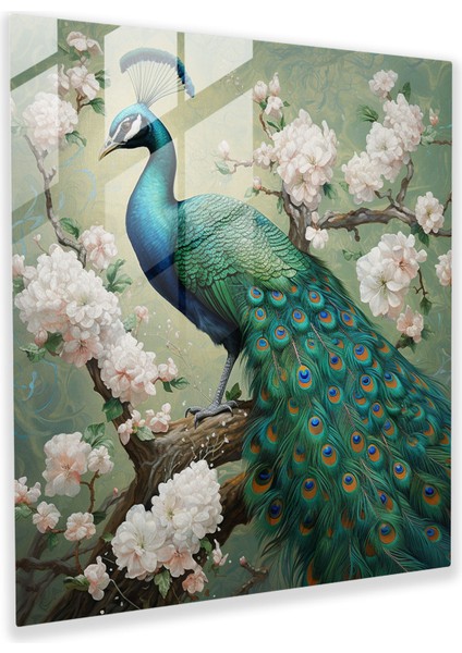 Simli Cam Baskı - Işıltılı Zümrüt Yeşili Majestic Tavuskuşu - Simli, Duvar Süslemesi, Cam Duvar Sanatı, Majestic, 30X30