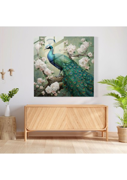 Simli Cam Baskı - Işıltılı Zümrüt Yeşili Majestic Tavuskuşu - Simli, Duvar Süslemesi, Cam Duvar Sanatı, Majestic, 30X30