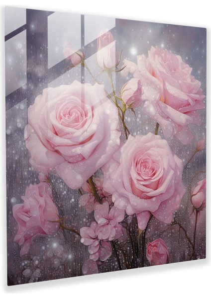 Parıltılı Cam Baskı - Sakin Bir Bahçede Yumuşak Pembe Açan Güller - Parıltılı, Sakin Bahçe, Huzur, Büyü, 30X30