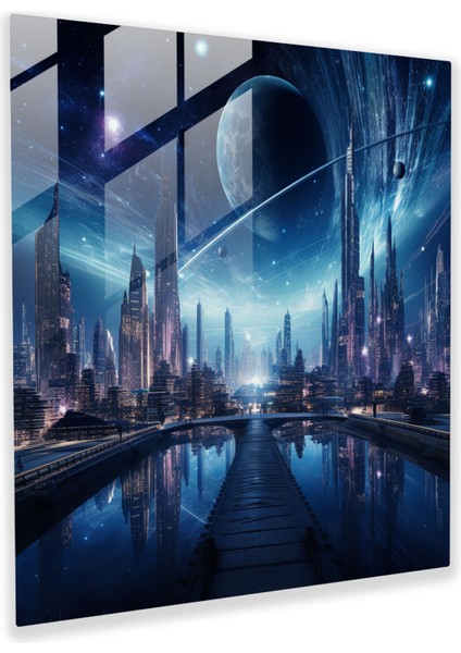 Gece Yarısı Fütüristik Cam Sanatı - Gece Yarısı, Yıldızlı Gökyüzü, Duvar Dekorasyonu, Şehir Manzarası, 30X30