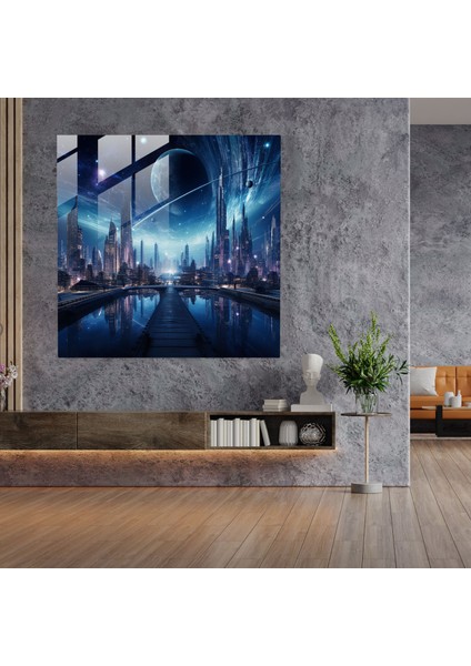Gece Yarısı Fütüristik Cam Sanatı - Gece Yarısı, Yıldızlı Gökyüzü, Duvar Dekorasyonu, Şehir Manzarası, 30X30 fiyatları