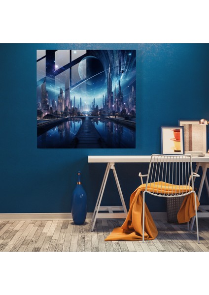 Gece Yarısı Fütüristik Cam Sanatı - Gece Yarısı, Yıldızlı Gökyüzü, Duvar Dekorasyonu, Şehir Manzarası, 30X30 modelleri