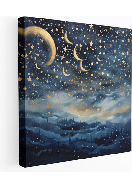 Empresyonist Lacivert Gece Gökyüzü Tablosu - Lacivert, Gece Gökyüzünde Yıldızlar Hilal Ay, Kanvas Tablo, Kanvas Tablo, 30X30