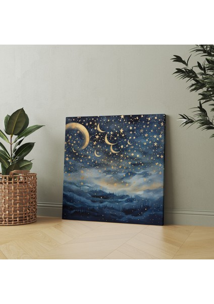 Empresyonist Lacivert Gece Gökyüzü Tablosu - Lacivert, Gece Gökyüzünde Yıldızlar Hilal Ay, Kanvas Tablo, Kanvas Tablo, 30X30 fiyatları