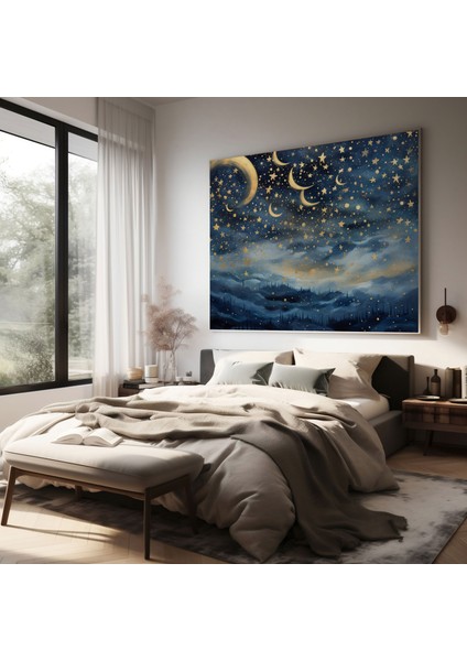 Empresyonist Lacivert Gece Gökyüzü Tablosu - Lacivert, Gece Gökyüzünde Yıldızlar Hilal Ay, Kanvas Tablo, Kanvas Tablo, 30X30 modelleri