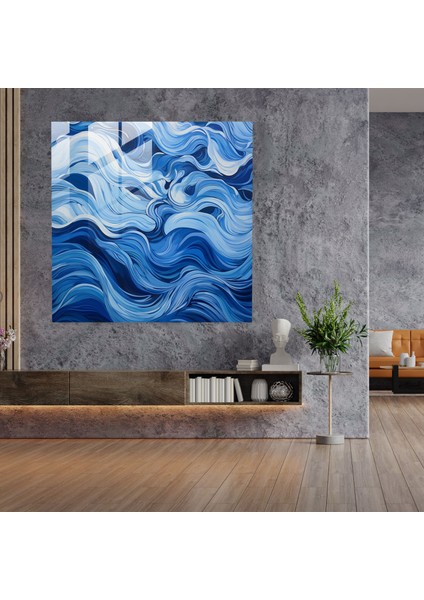 Lacivert Soyut Dalgalar Cam Baskı - Lacivert, Cam Sanatı, Soyut Dalgalar, Cam Baskı, 30X30 modelleri