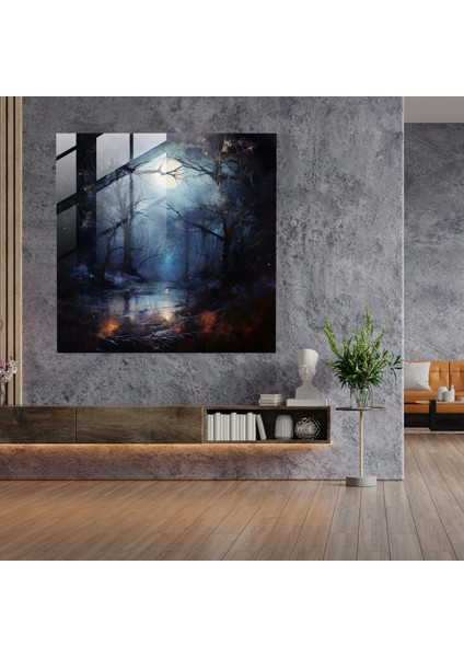 Gece Yarısı Gizemli Cam Baskı - Gece Yarısı, Gece Yarısı, Ev Dekorasyonu, Mehtaplı Orman, 30X30 modelleri