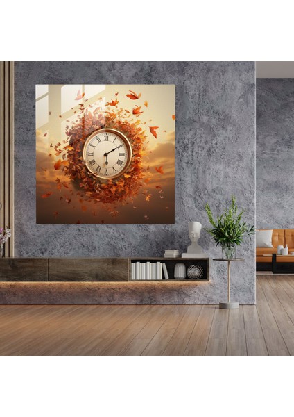 Zamanın Yaprakları Cam Duvar Sanatı - Yapraklar, Saat, Cam Sanatı, Yapraklar, 30X30