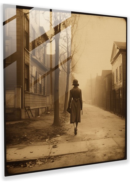 Nostaljik Cam Baskı - Yürüyen Vintage Kadın - Nostalji, Sokak, Sepya, Cam Baskı, 30X30