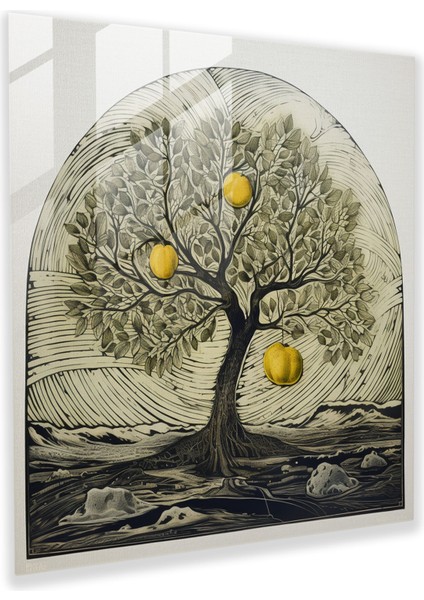 Limon Ağacı Cam Baskı - Çağdaş Gravür - Limon Ağacı, Çizgiler, Cam Baskı, Duvar Süslemesi, 30X30