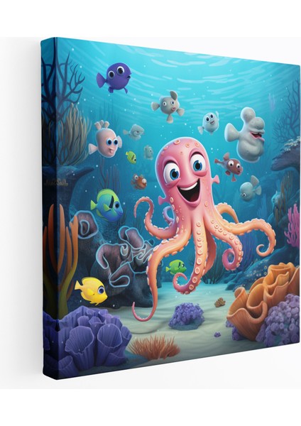 Ahtapot Duvar Dekorasyonu - Eğlenceli Karikatür Illüstrasyon - Ahtapot, Kanvas Tablo, Dost Canlısı, Kanvas Tablo, 30X30