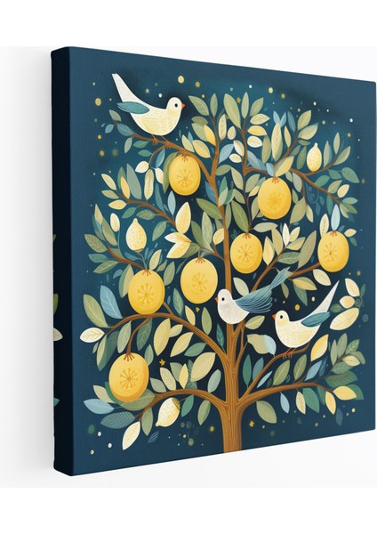 Limon Ağacı Duvar Sanatı - Kaprisli Illüstrasyon Kanvas Tablo - Limon Ağacı, Kaprisli Illüstrasyon, Oynak Kuşlar, Duvar Sanatı, 30X30