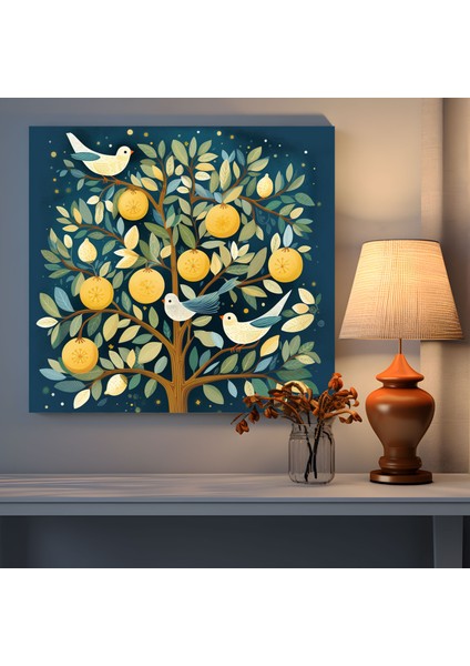 Limon Ağacı Duvar Sanatı - Kaprisli Illüstrasyon Kanvas Tablo - Limon Ağacı, Kaprisli Illüstrasyon, Oynak Kuşlar, Duvar Sanatı, 30X30