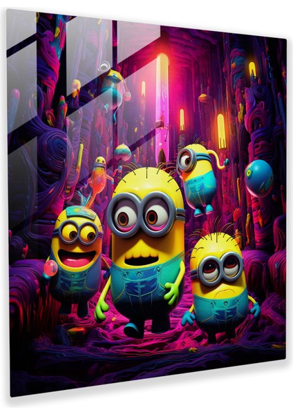 Minionlar Cam Baskı - Soyut Neon Sanat Eseri - Minionlar, Modern Sanat, Duvar Dekorasyonu, Ev Dekorasyonu, 30X30