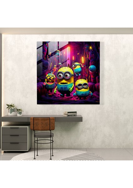 Minionlar Cam Baskı - Soyut Neon Sanat Eseri - Minionlar, Modern Sanat, Duvar Dekorasyonu, Ev Dekorasyonu, 30X30 fiyatları