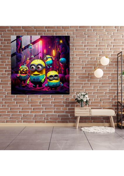 Minionlar Cam Baskı - Soyut Neon Sanat Eseri - Minionlar, Modern Sanat, Duvar Dekorasyonu, Ev Dekorasyonu, 30X30 modelleri